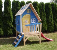 Holzspielhaus Spielturm H�NZEL-11 blau von SWISS OUTDOOR