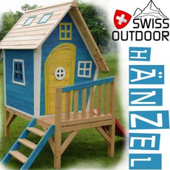 Holzspielhaus Spielturm H�NZEL-11 blau von SWISS OUTDOOR